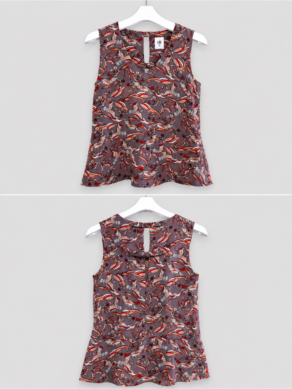 CAbi XS Good Luck Crane Bird Print Sleeveless Blouse V-Neck Peplum Top Mauve